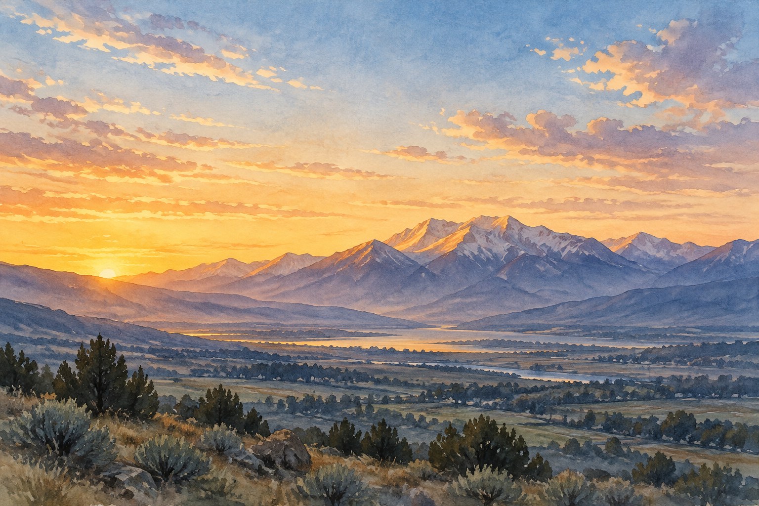 Watercolor of a sunrise over a mountain valley with a river, sagebrush in the foreground