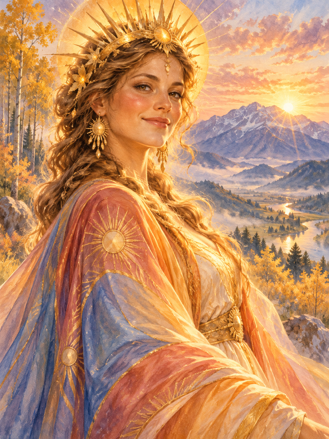 Illustrated portrait of Zora in dawn light over a mountain valley
